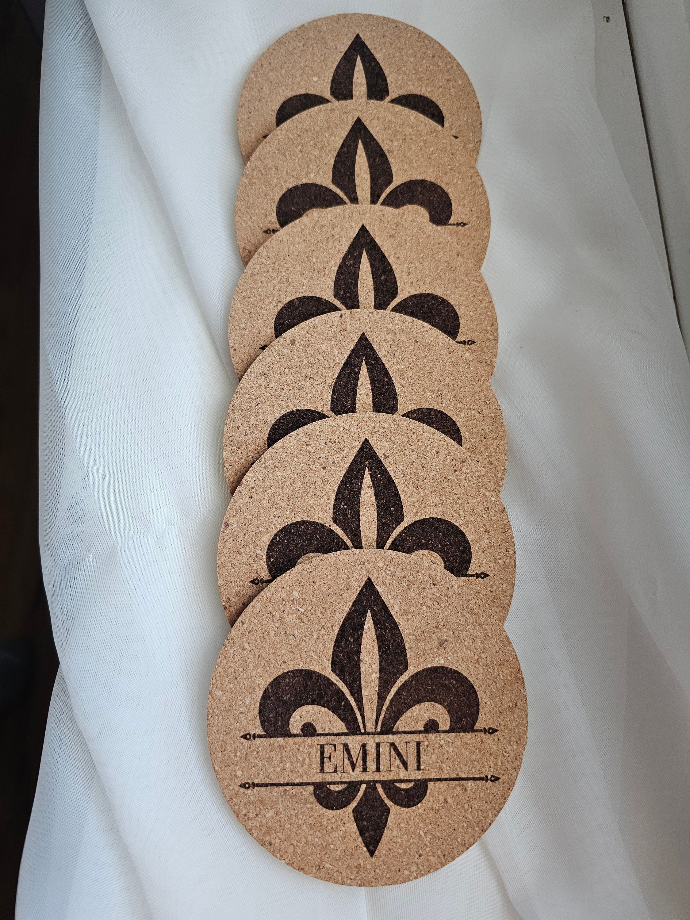Fleur De Lis Cork Coaster Personalized/Ljiljan Name Coaster/Prezime Customized Last Name Corks Coasters/Laser Engraved Gifts Family Friends