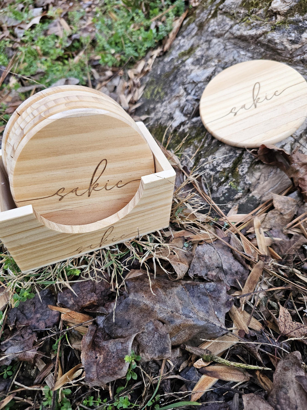 Personalized Wood Coaster Set | Elegant Minimal Custom Decor | Fancy Cursive Script Coasters