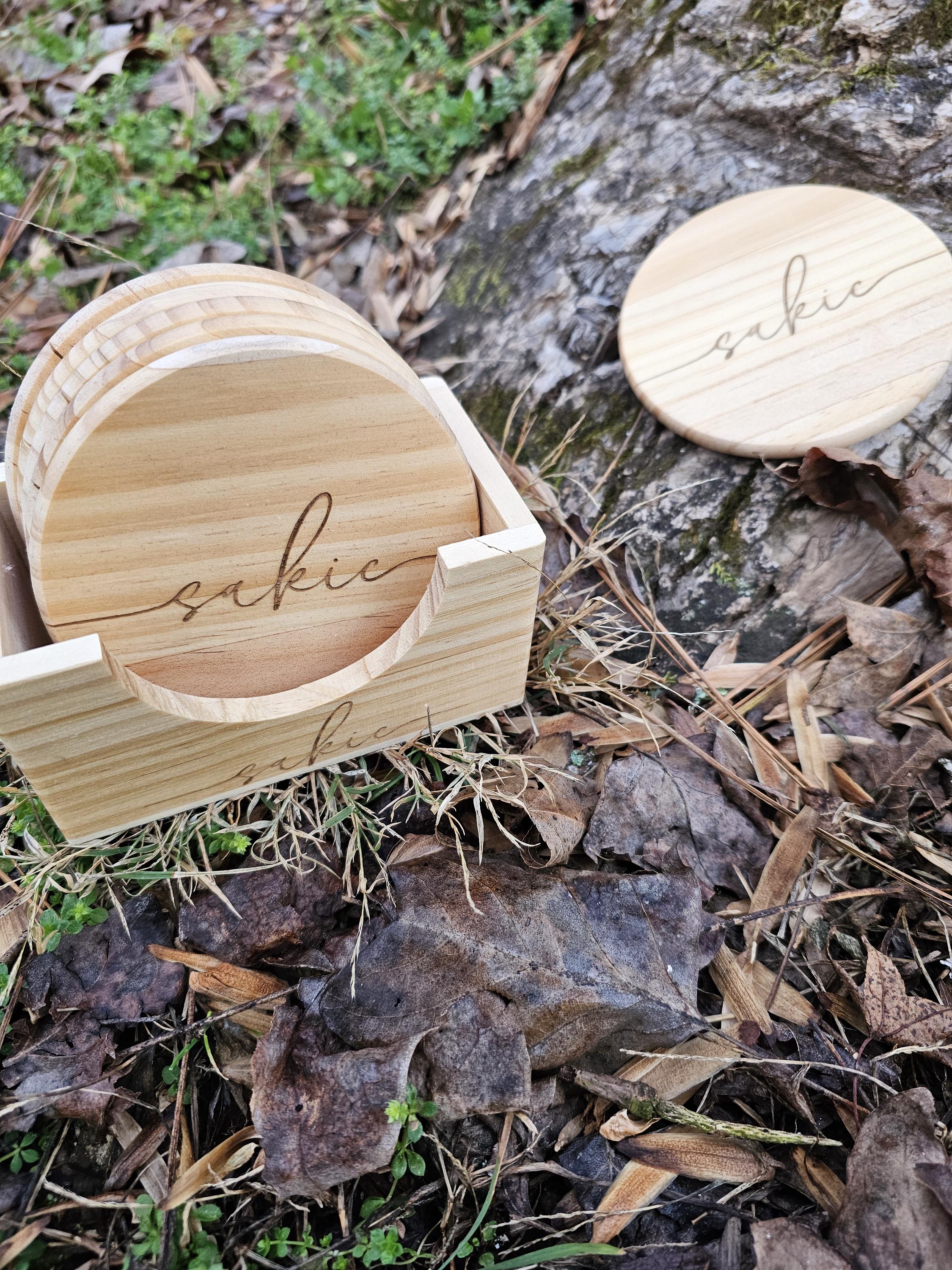 Personalized Wood Coaster Set | Elegant Minimal Custom Decor | Fancy Cursive Script Coasters