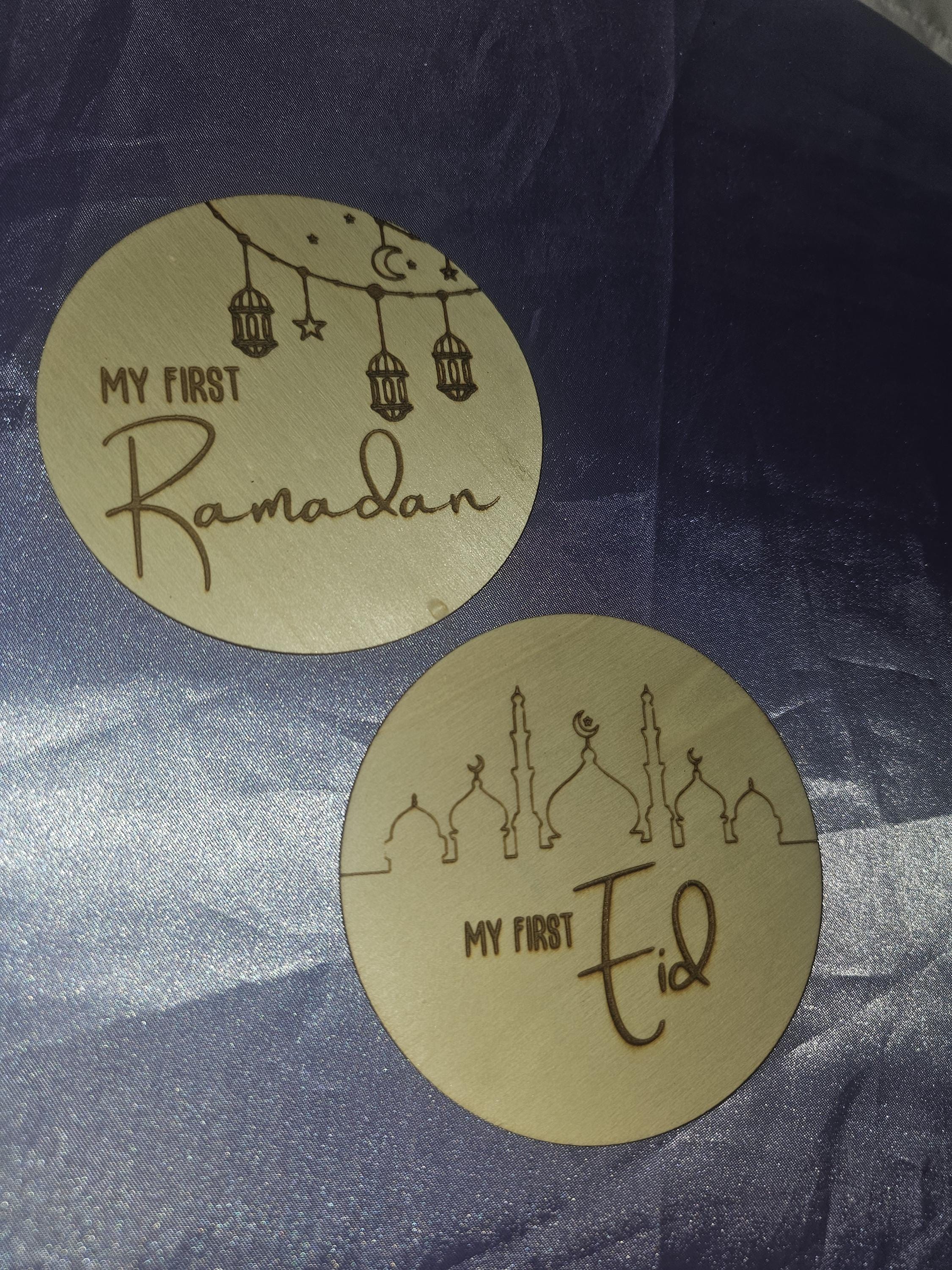 My First Eid Ramadan Wood Baby Sign | Muslim Baby Milestones Gift Holidays | Double Sided Round Lanterns Mosque Moon Star Baby Announcement