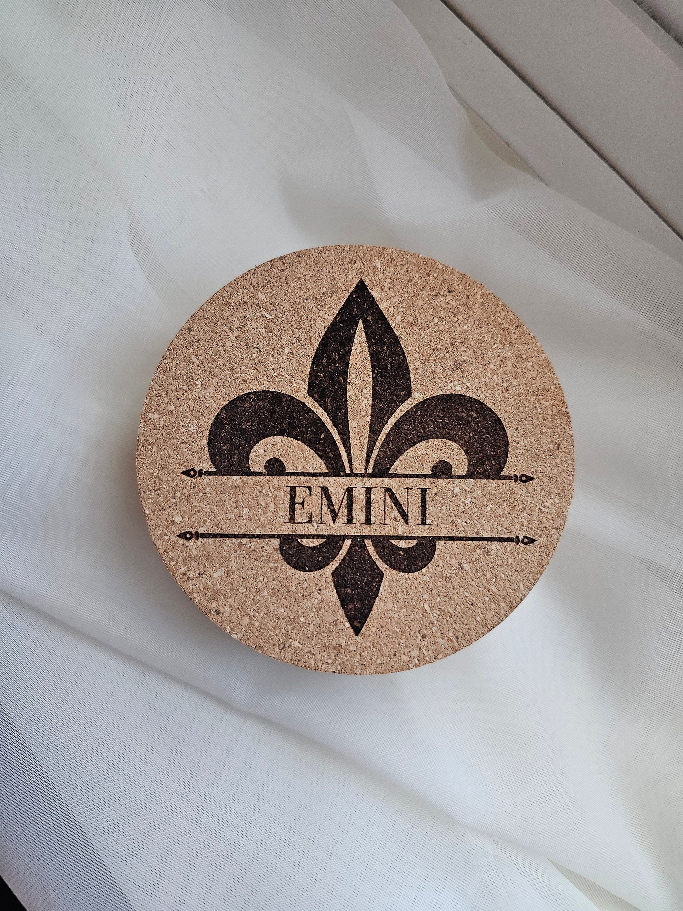 Fleur De Lis Cork Coaster Personalized/Ljiljan Name Coaster/Prezime Customized Last Name Corks Coasters/Laser Engraved Gifts Family Friends