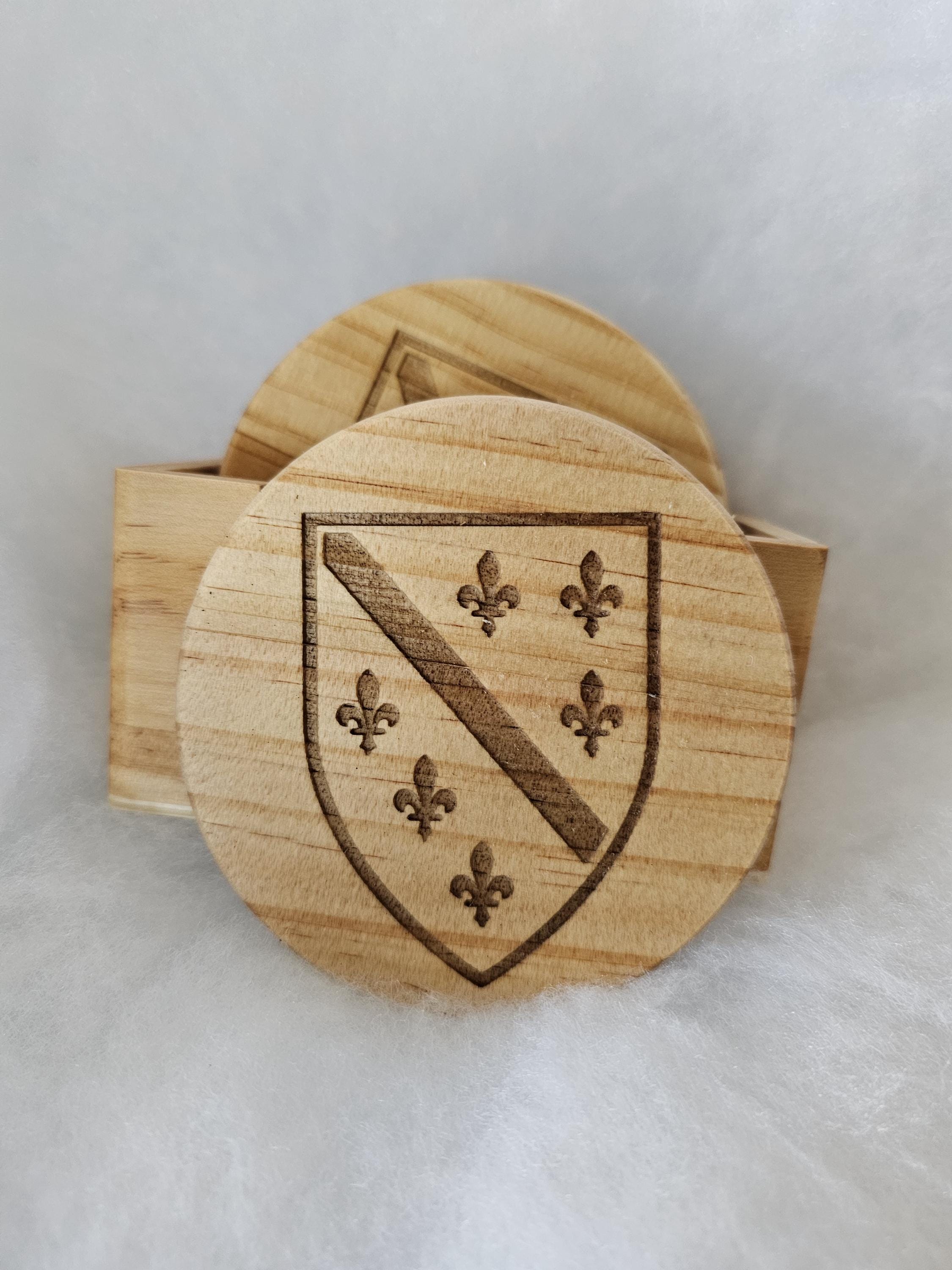 Bosnian Shield Wood Coaster Set | Engraved Fleur de Lis, Personalized Holder