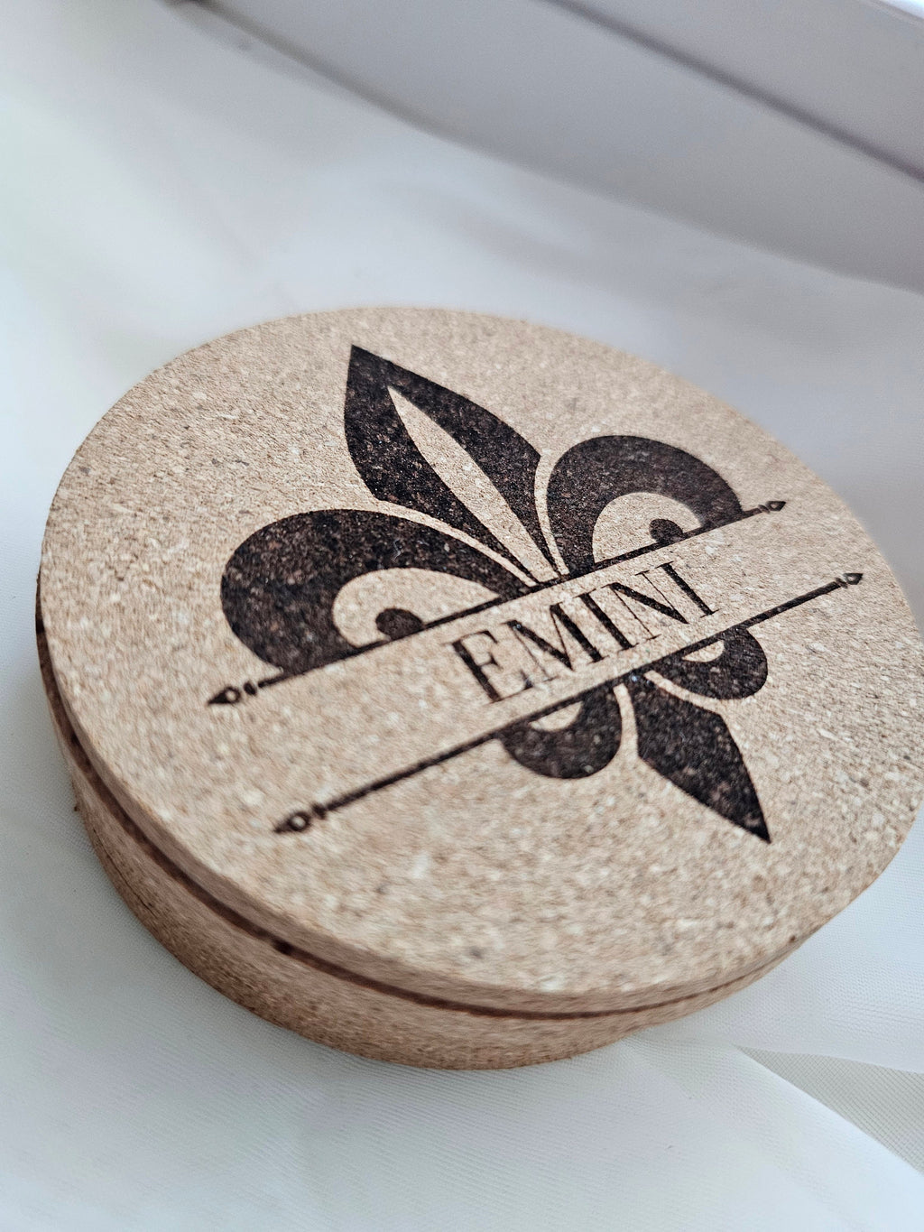 Fleur De Lis Cork Coaster Personalized/Ljiljan Name Coaster/Prezime Customized Last Name Corks Coasters/Laser Engraved Gifts Family Friends