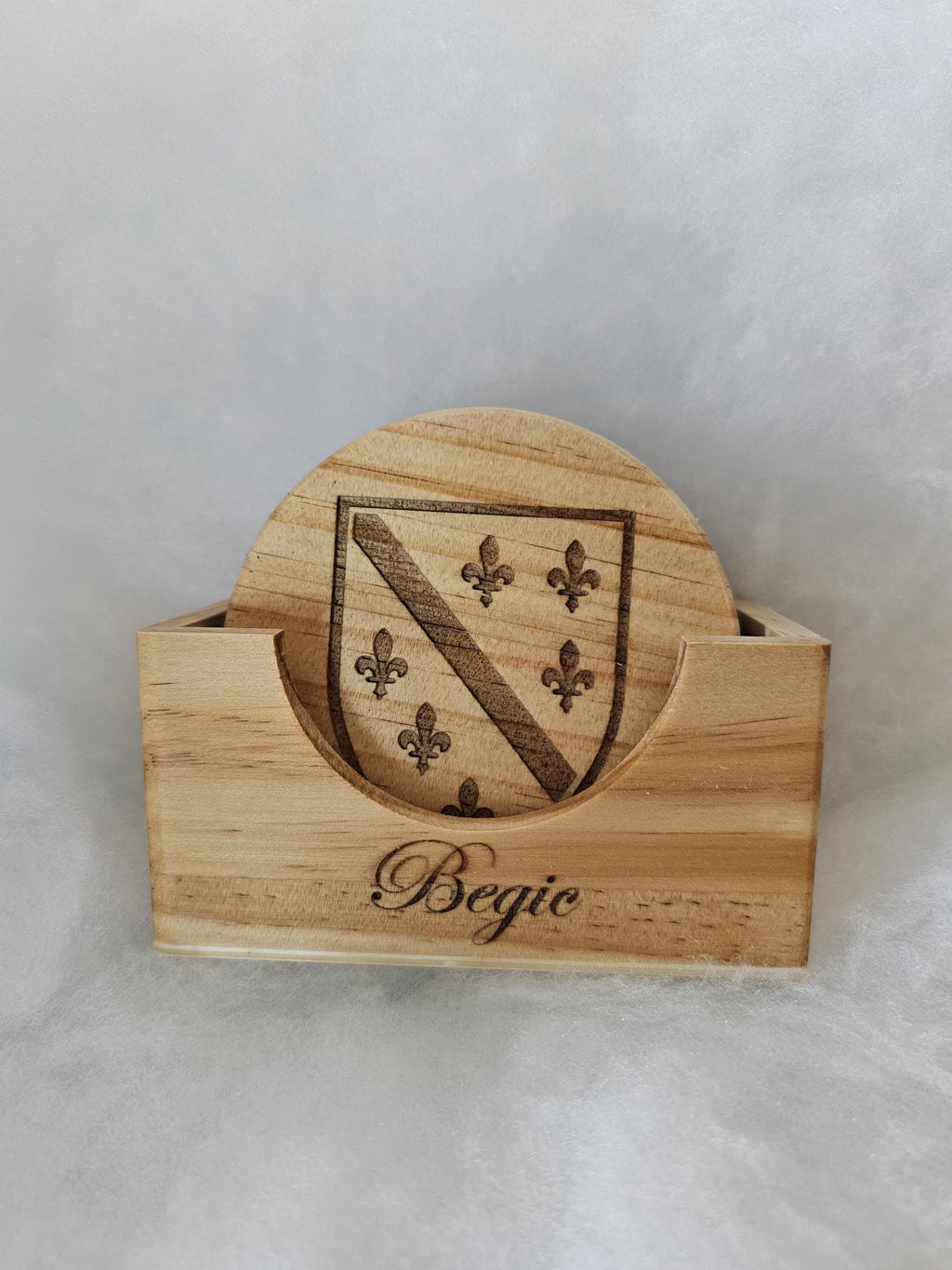 Bosnian Shield Wood Coaster Set | Engraved Fleur de Lis, Personalized Holder