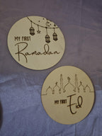 My First Eid Ramadan Wood Baby Sign | Muslim Baby Milestones Gift Holidays | Double Sided Round Lanterns Mosque Moon Star Baby Announcement
