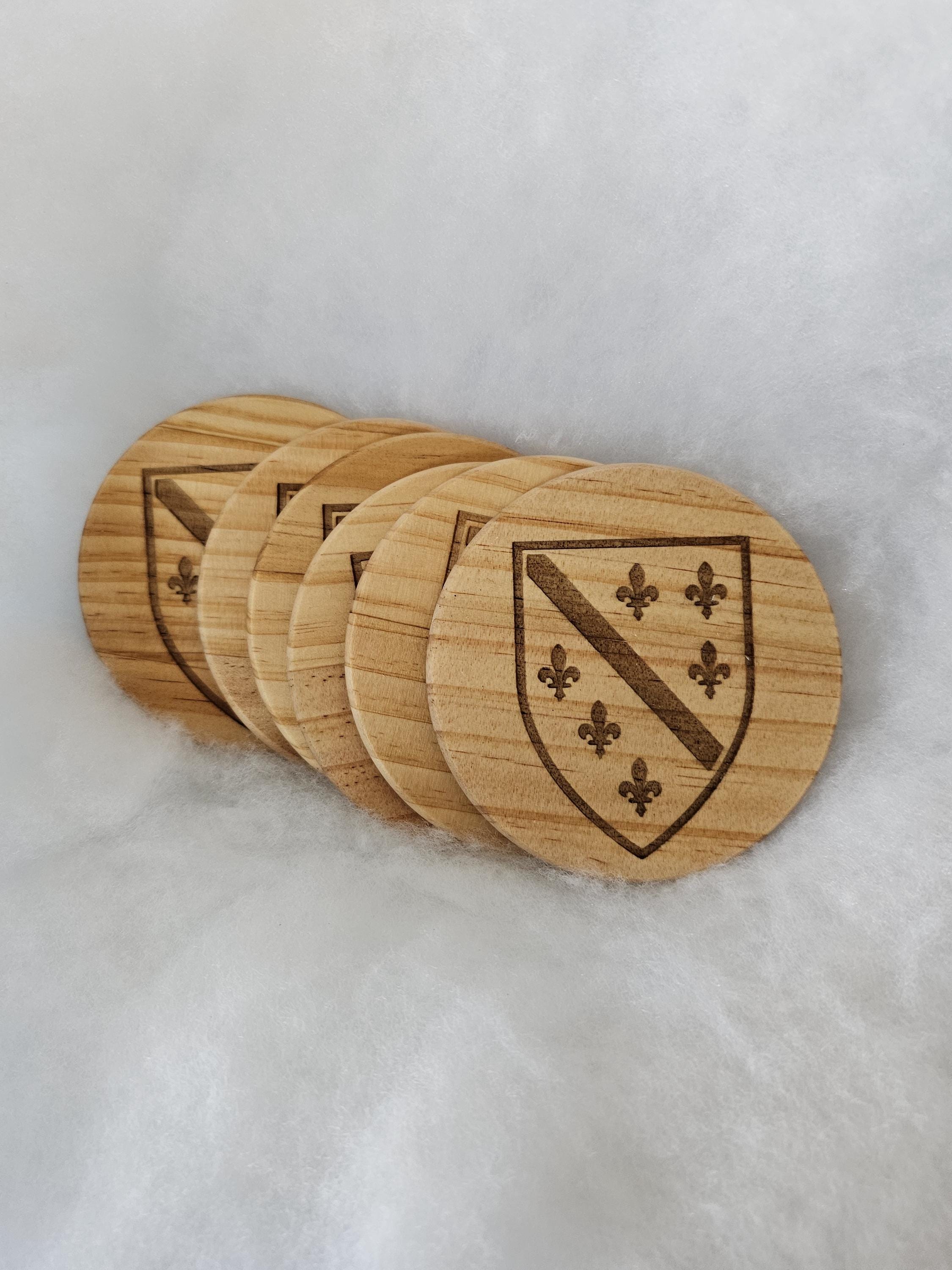 Bosnian Shield Wood Coaster Set | Engraved Fleur de Lis, Personalized Holder