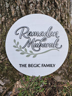 Ramadan Mubarak Door Hanger | Personalized Islamic Home Decor | 18” Round Wooden Sign